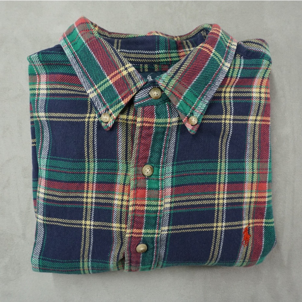 Vintage Ralph Lauren Shirt Men XL Madras Plaid Flannel Button Classic Multicolor